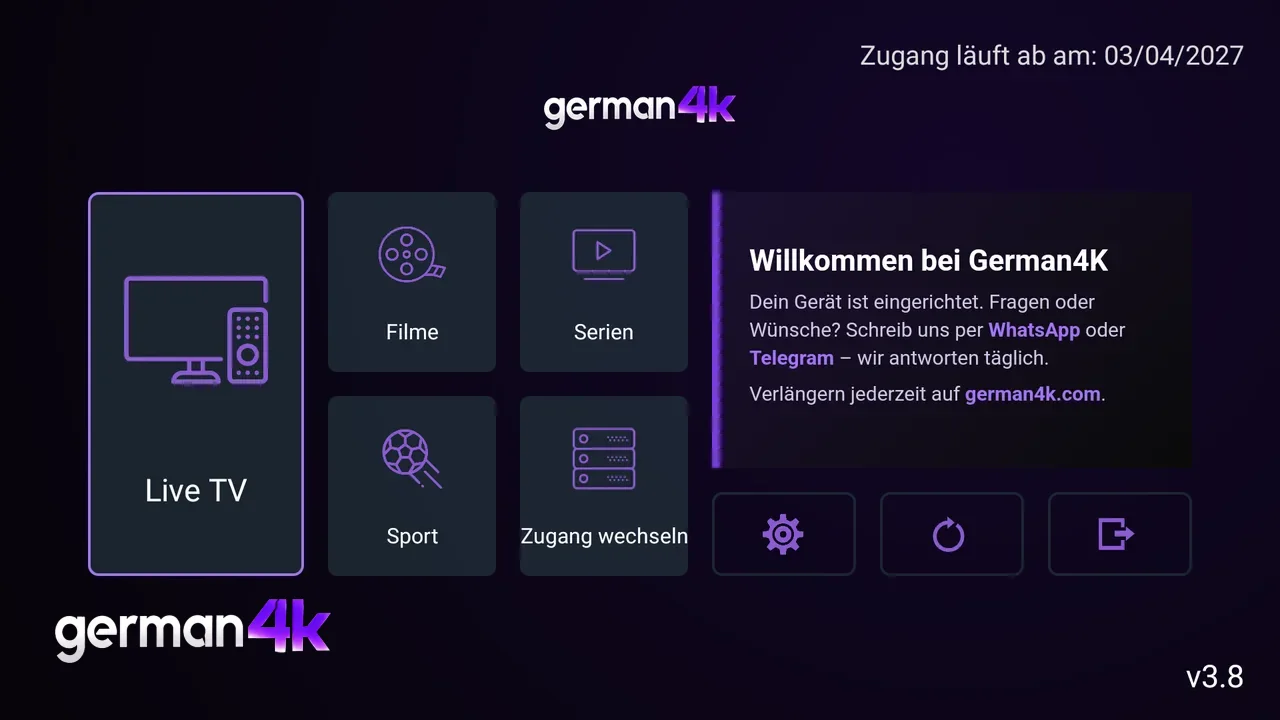 Startbildschirm der German4K Pro App auf einem Fernseher