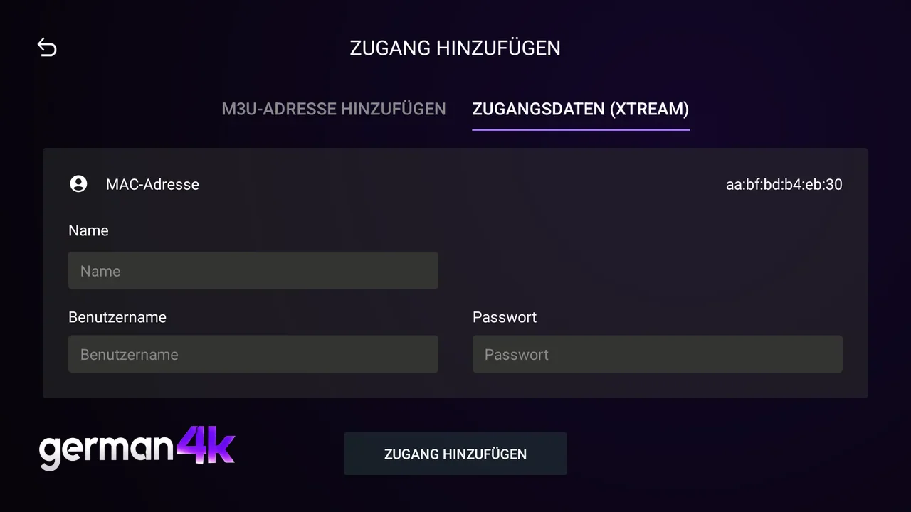 Dialog Zugang hinzufügen in der German4K Pro App mit Feldern für Benutzername und Passwort